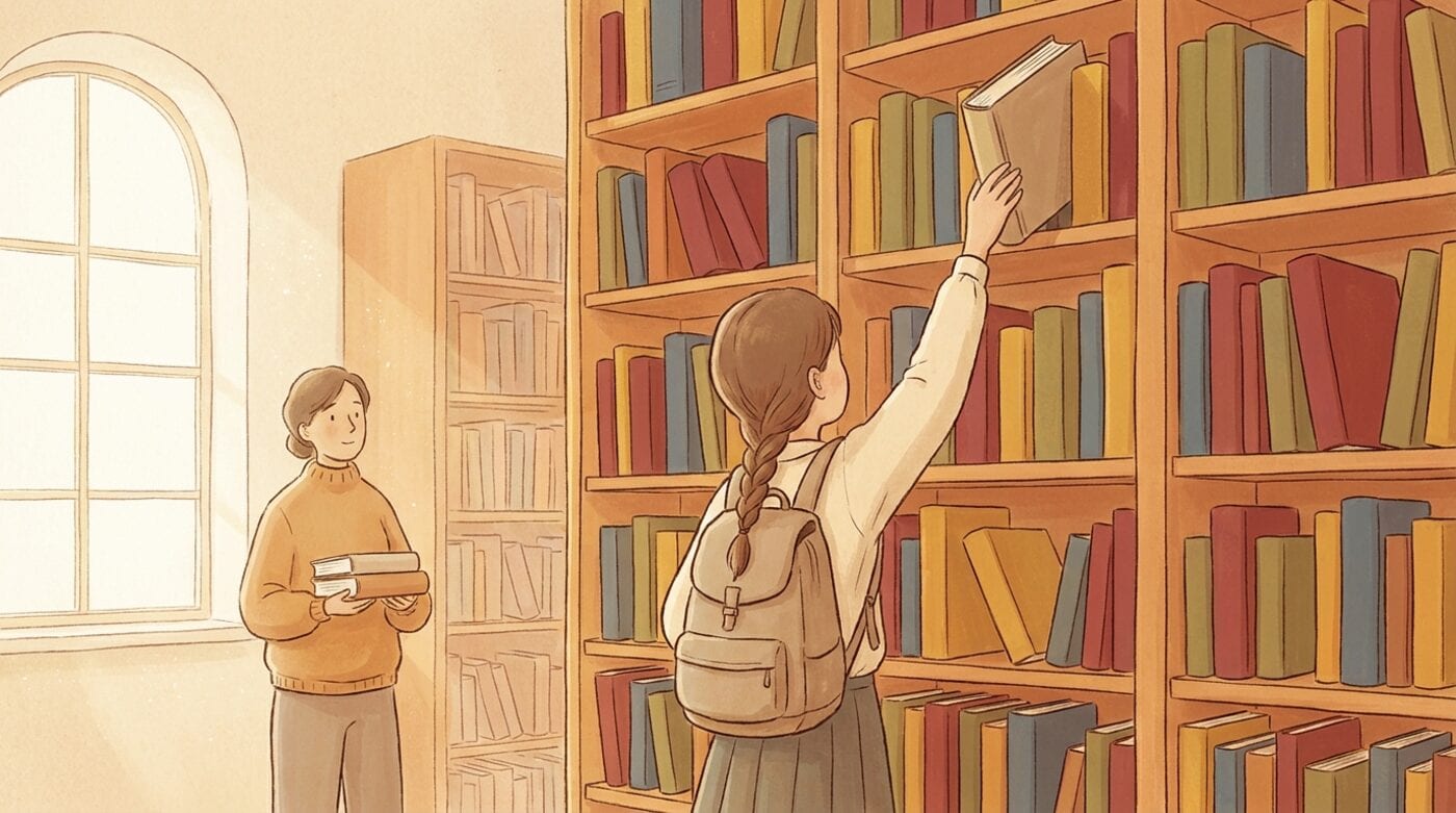 A girl of about ten with a backpack reaching for a book on a tall library shelf while her parent holds two more books