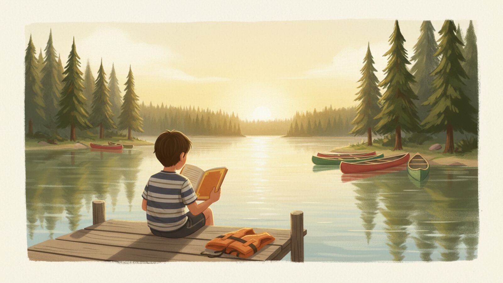 A child in a striped shirt reads an orange book on a wooden dock by a calm lake at sunset, with canoes and pine trees across the water and a life jacket beside them.