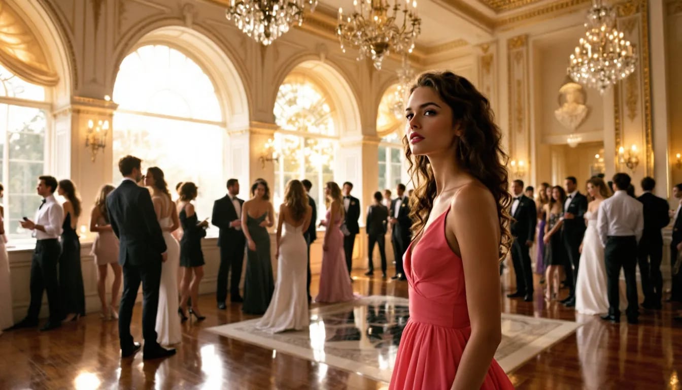 Young woman in a pink dress in a chandeliered ballroom full of guests