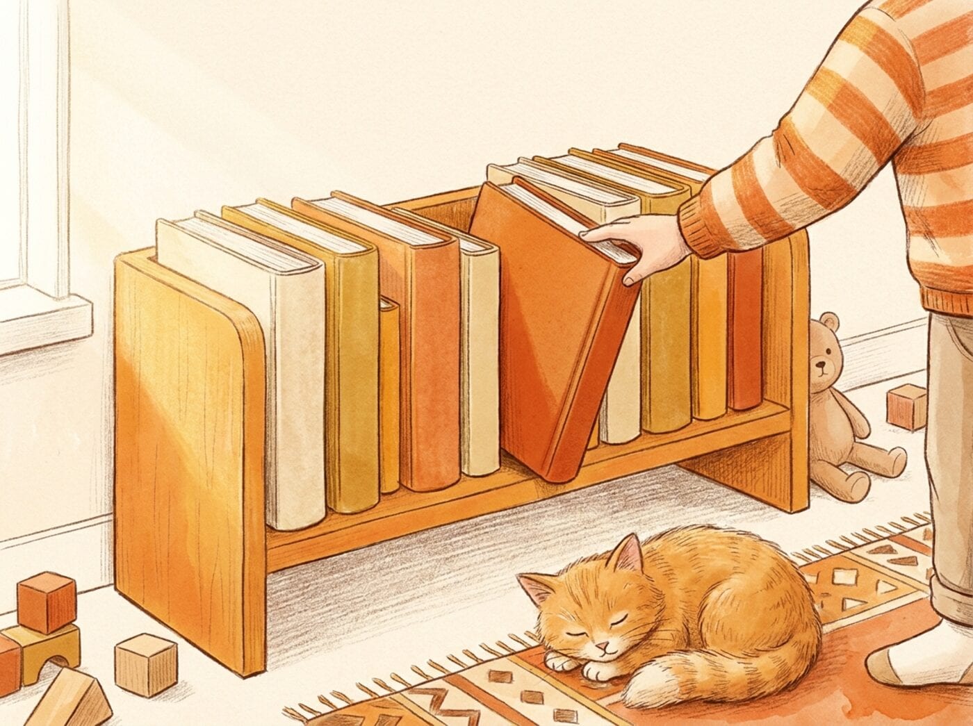 A child's hand pulling a book from a low bedroom bookshelf with a cat asleep on the rug