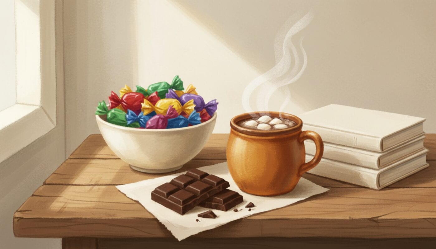 A wooden table in soft window light with a bowl of colorful wrapped sweets, a broken chocolate bar on paper, a mug of hot cocoa with marshmallows and a stack of plain books