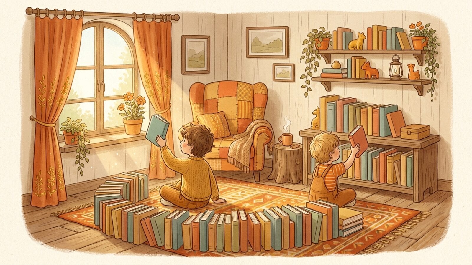 Two children seen from behind on a rug in a sunny reading nook, lining up a long row of plain colorful books and holding up their favorites.