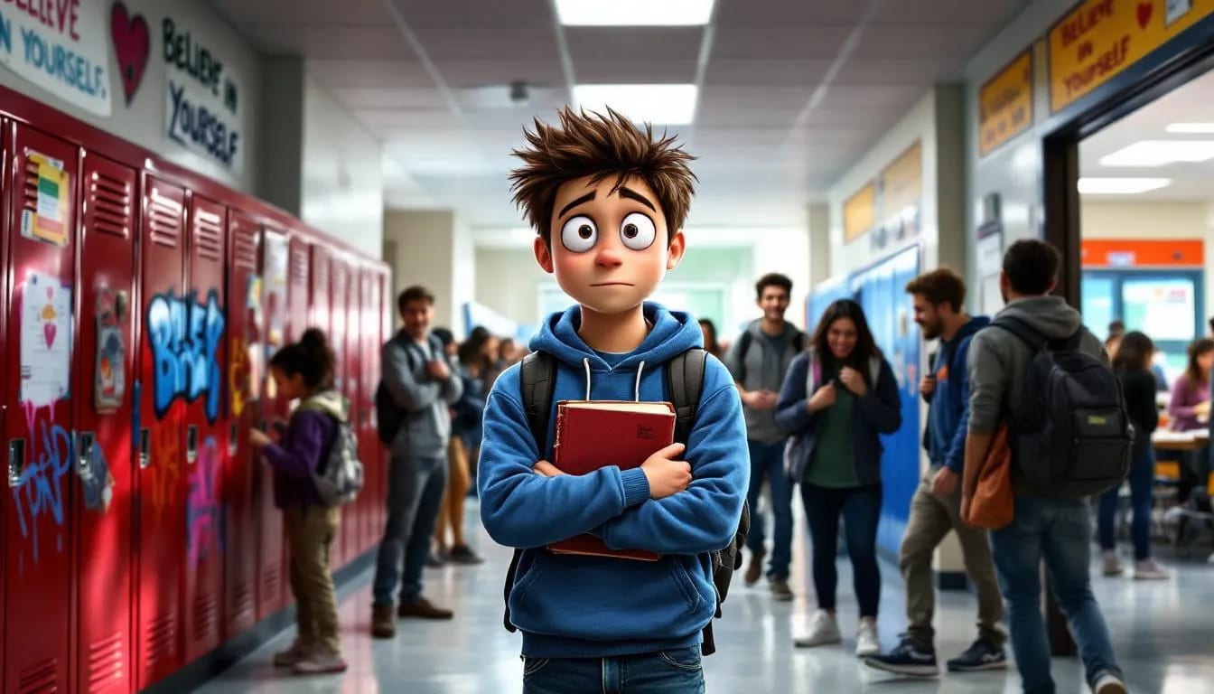 Cartoon-style boy holding a red book in a busy school hallway