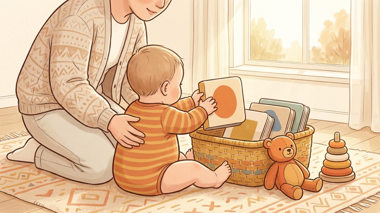 A baby in a striped orange romper, seen from behind, pulls a chunky board book from a wicker basket on a rug while a parent kneels beside them.