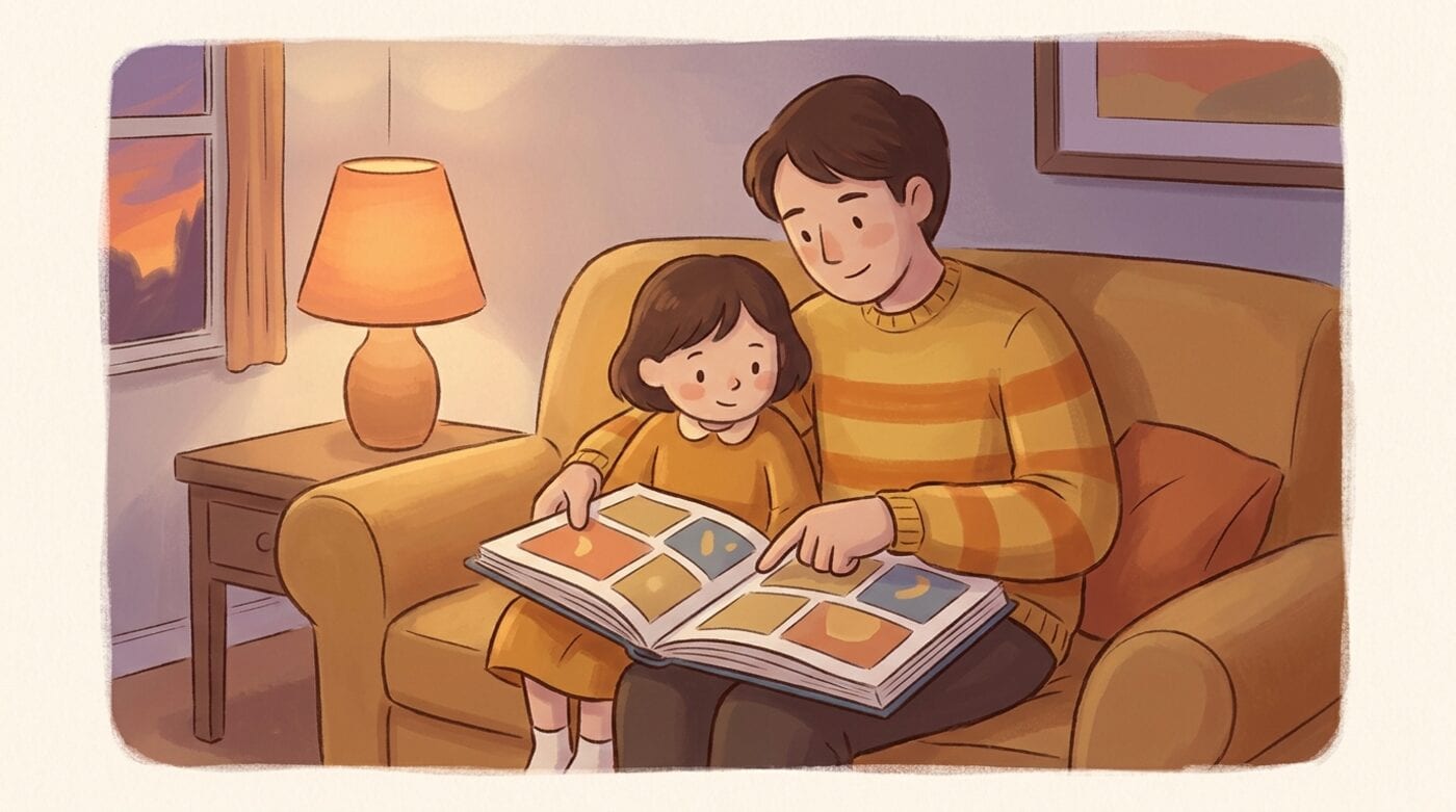 A parent and a child on a couch sharing an open comic book while the parent points at one panel