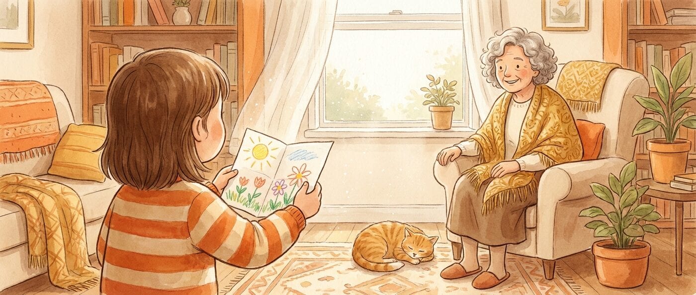 A child in an orange striped sweater seen from behind, handing a crayon drawing of a sun and flowers to a smiling grandmother in an armchair, a ginger cat asleep on the rug.