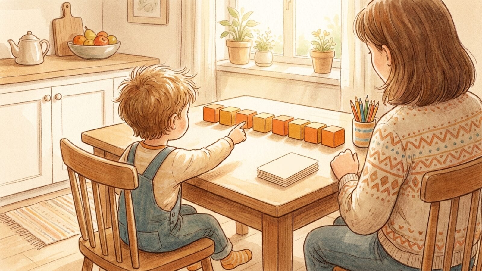 A parent and a small child seen from behind at a sunny kitchen table, the child pointing at a row of plain orange and golden wooden blocks.