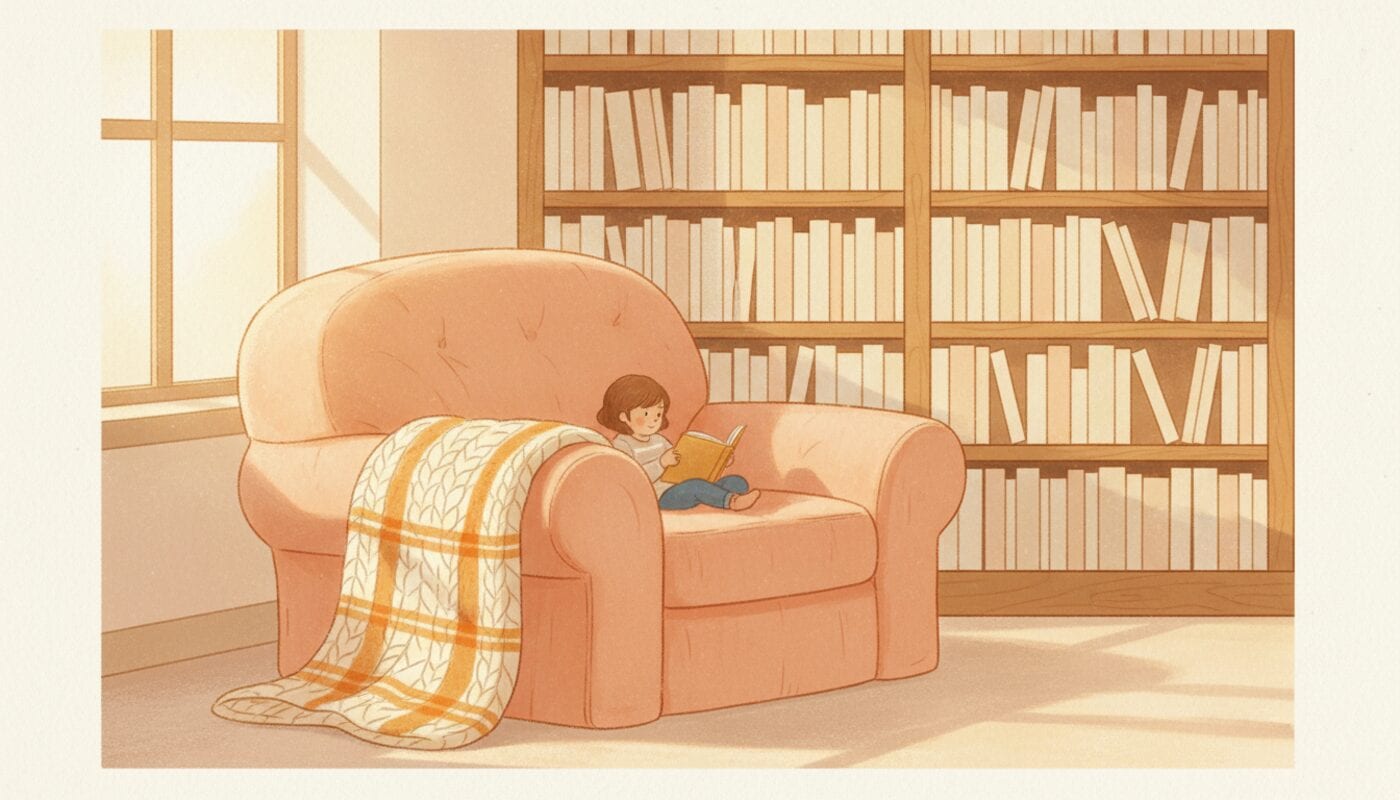 A small child reads in a giant peach-colored armchair with a knitted orange and cream blanket in a sunny library corner with tall shelves of plain books