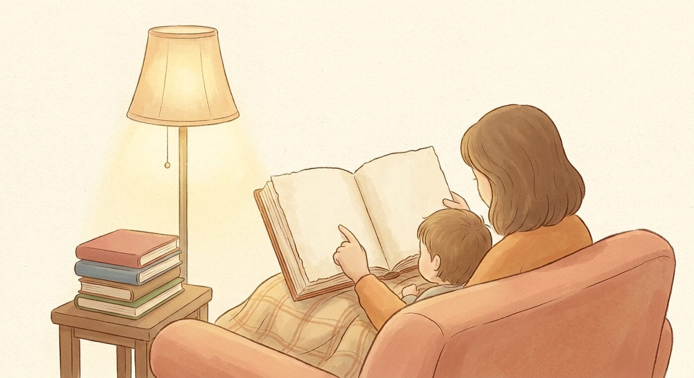 A parent and a small child seen from behind in an armchair, reading a large book together by lamplight