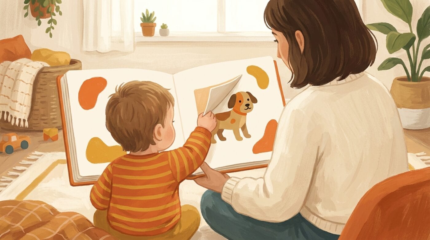 A toddler lifting a flap in a large board book while sitting with a parent on the living room floor, both seen from behind
