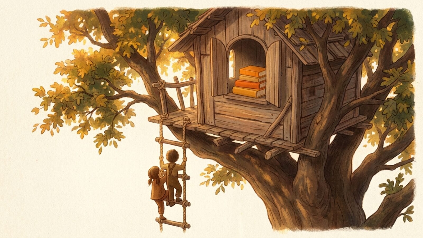 Two small children seen from behind climbing a rope ladder to a wooden treehouse in a big oak tree, with a stack of books in its window.