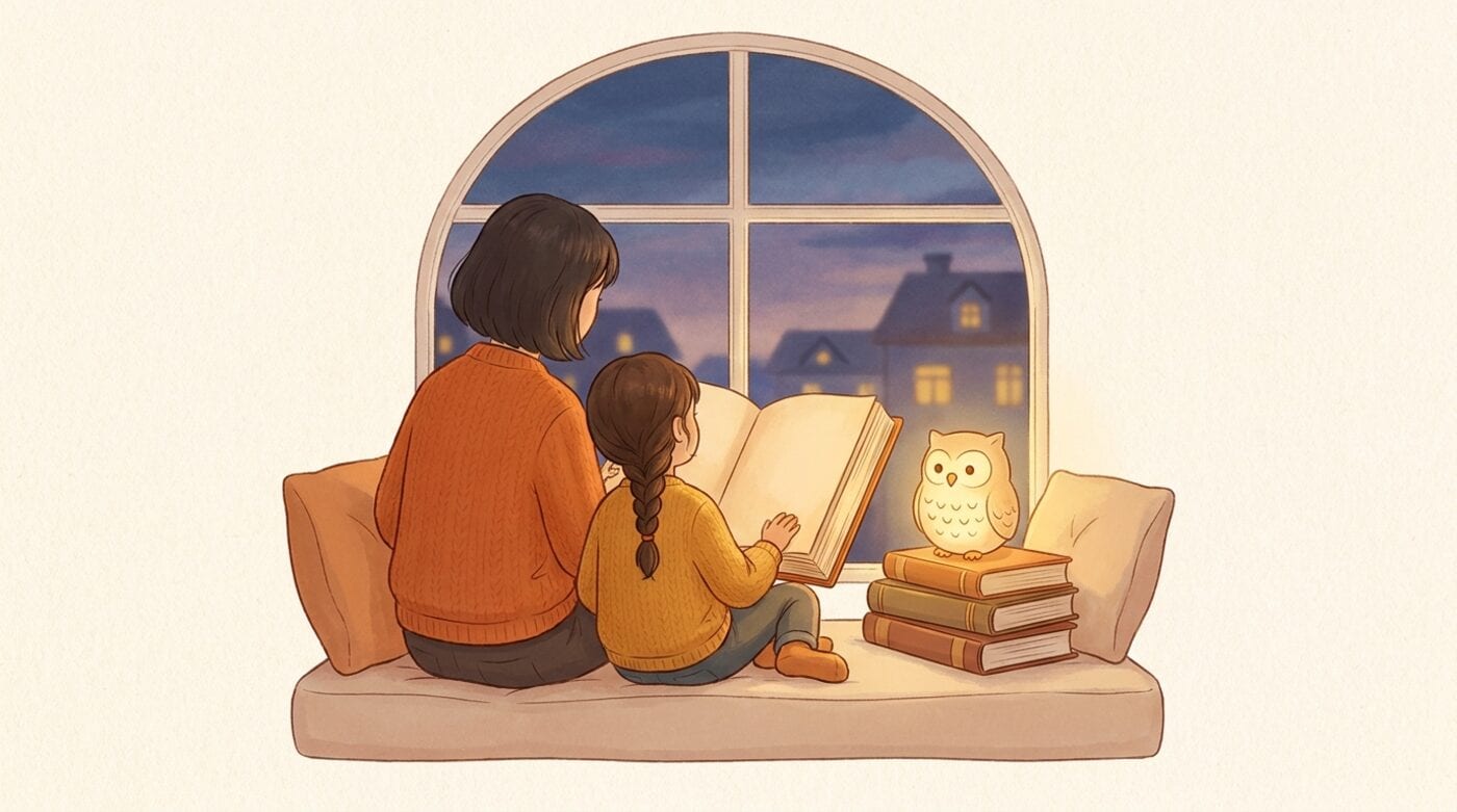 A parent and a young child seen from behind on a window seat, reading one thick book together beside an owl-shaped lamp