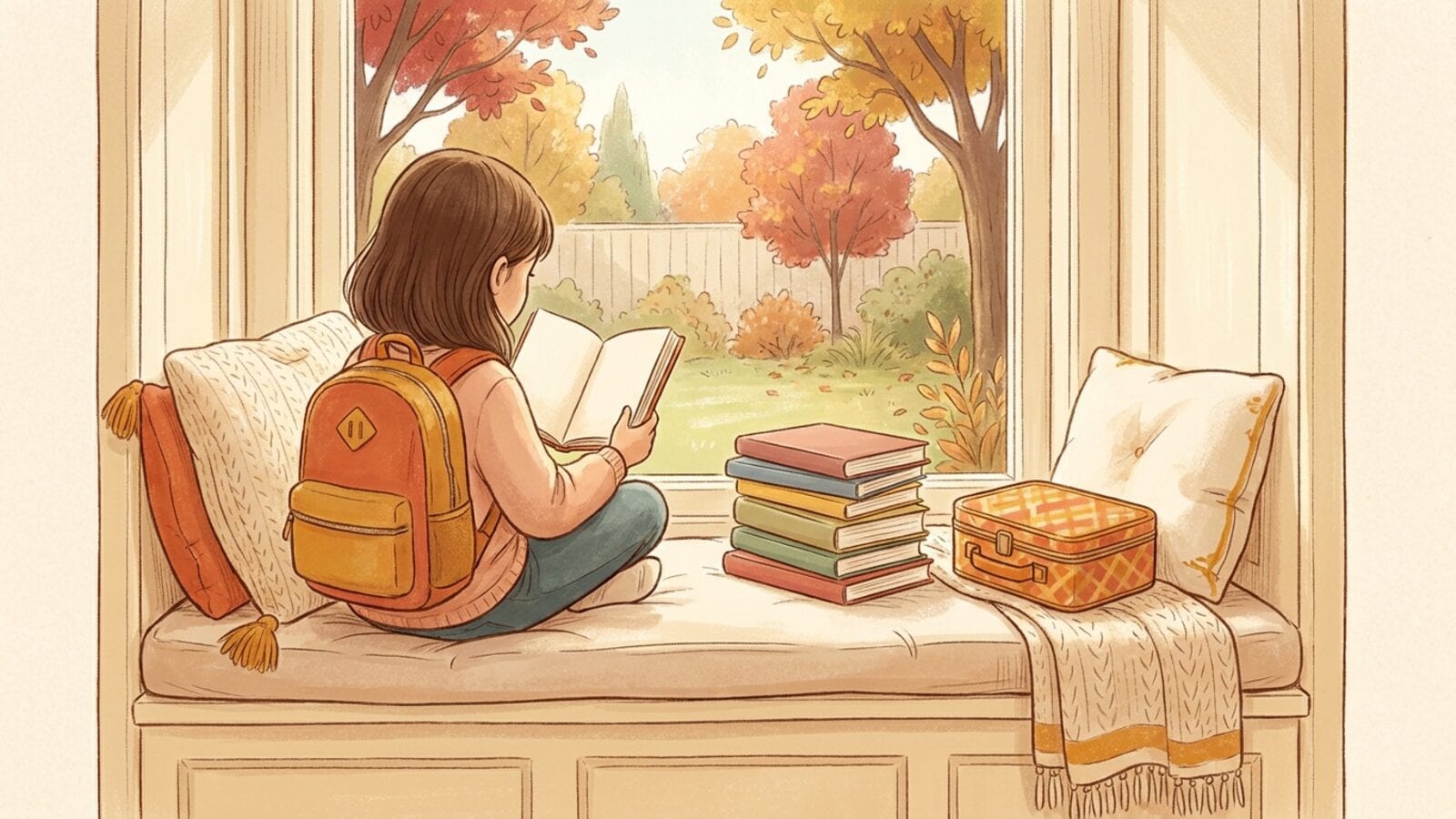 A young girl with an orange backpack reads a small chapter book on a cushioned window seat, next to a stack of plain colorful books and a lunchbox, with an autumn garden outside.