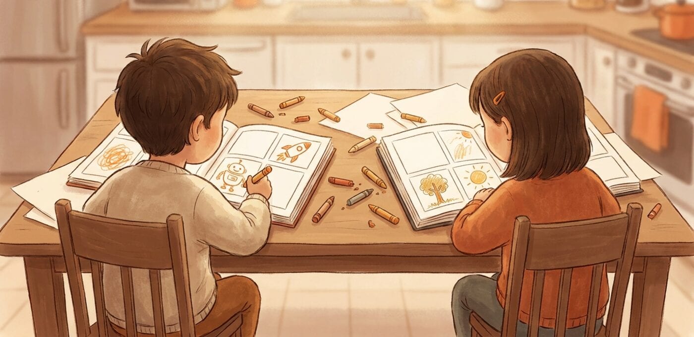 Two children drawing their own comics with crayons at a kitchen table, panels filled with a robot, a rocket, a tree and a sun