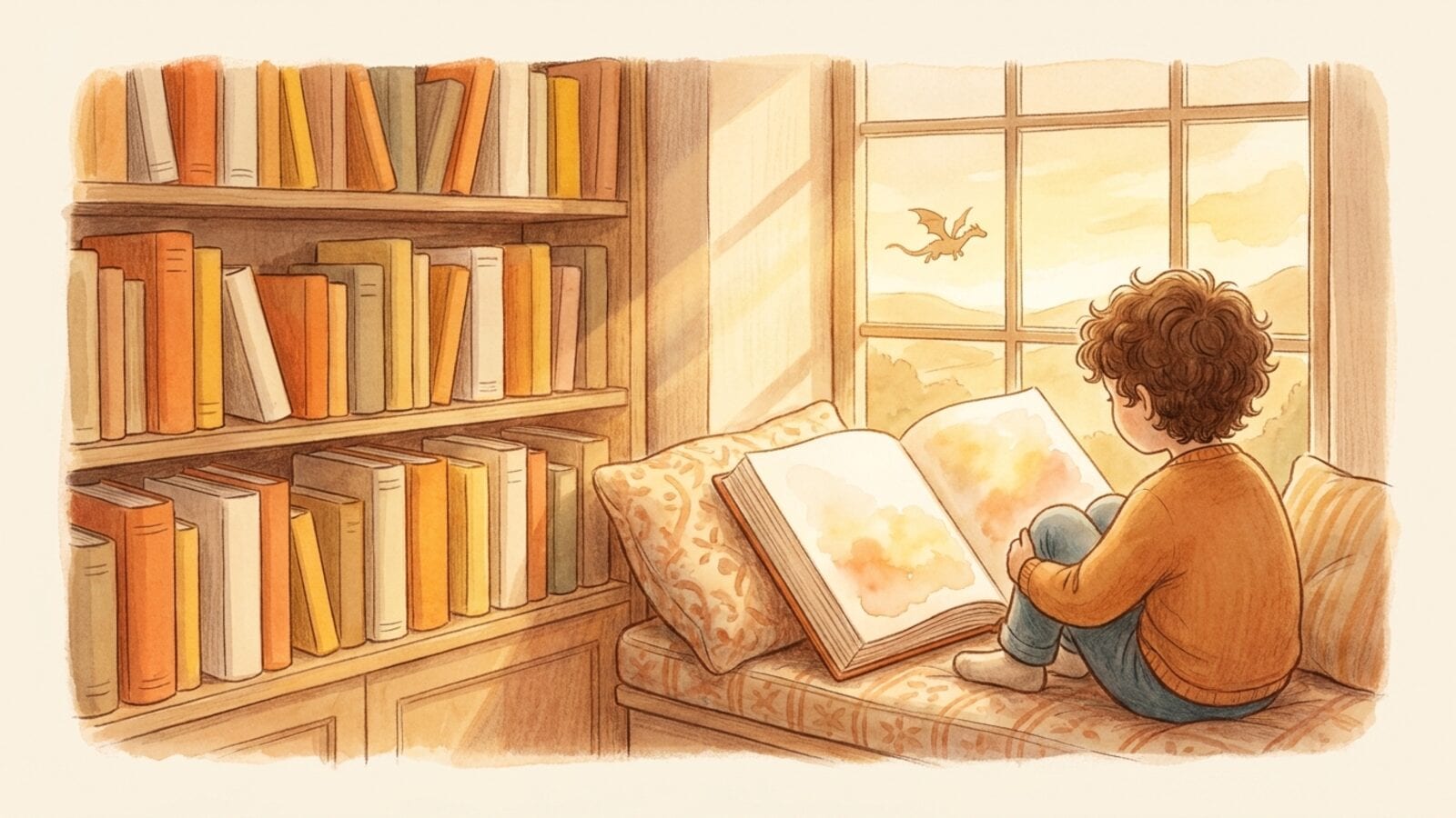 A child reading a thick book in a sunny window seat beside tall shelves of books, with a small dragon gliding over the hills outside.