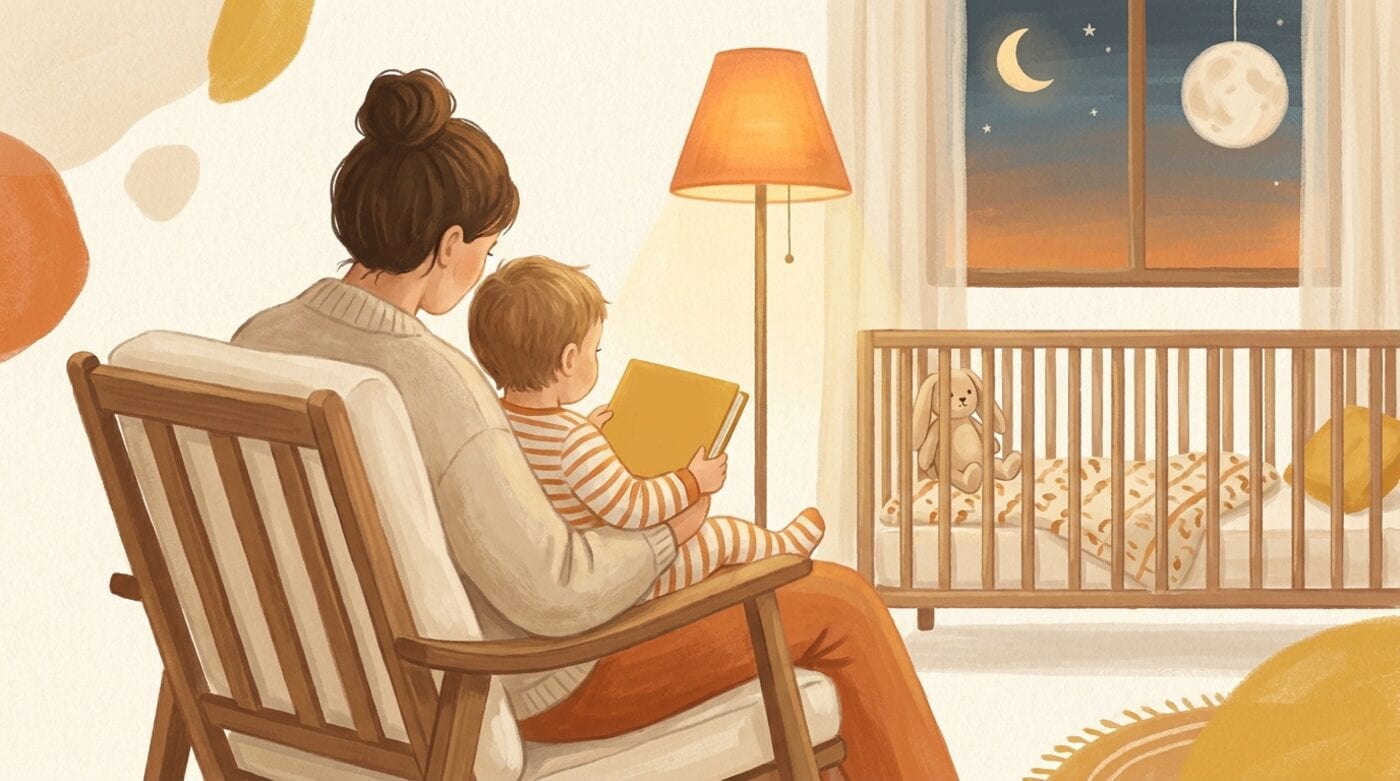 A parent in a rocking chair reading a small board book to a toddler in striped pajamas beside a crib at dusk, both seen from behind