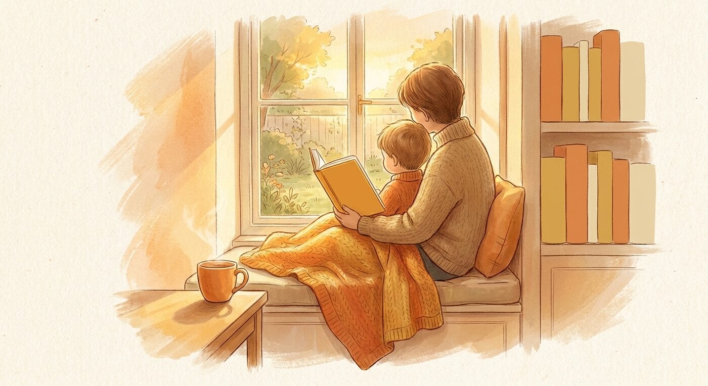 A parent and a young child seen from behind reading a small chapter book together on a window seat under an orange blanket
