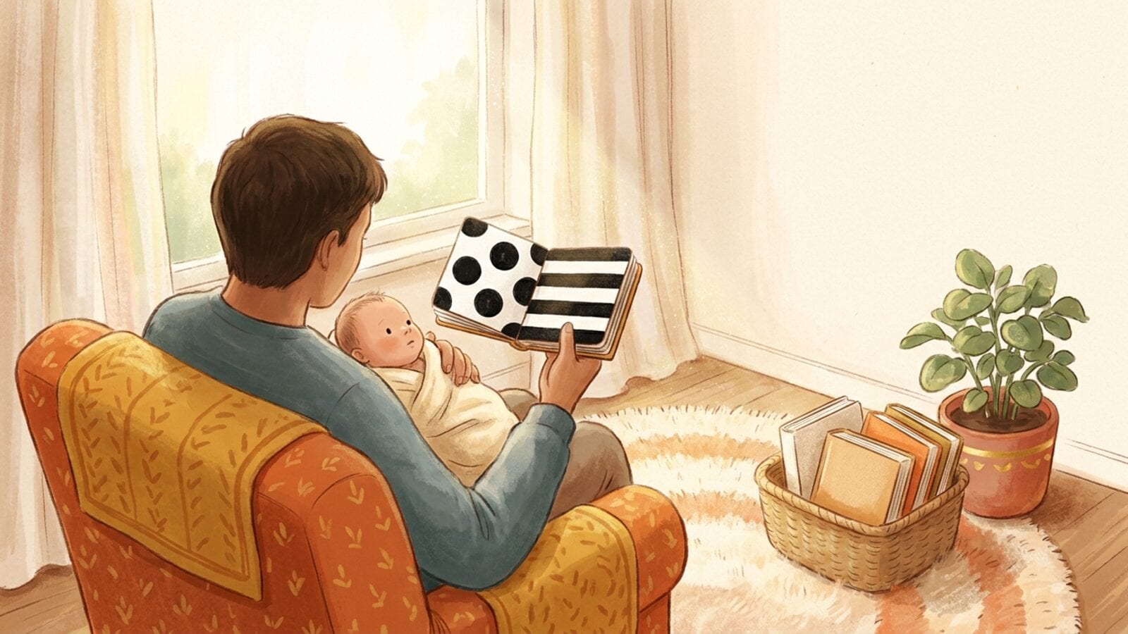 A parent in a nursery armchair by a sunny window holds a newborn in one arm and shows the baby a board book with black-and-white dots and stripes.