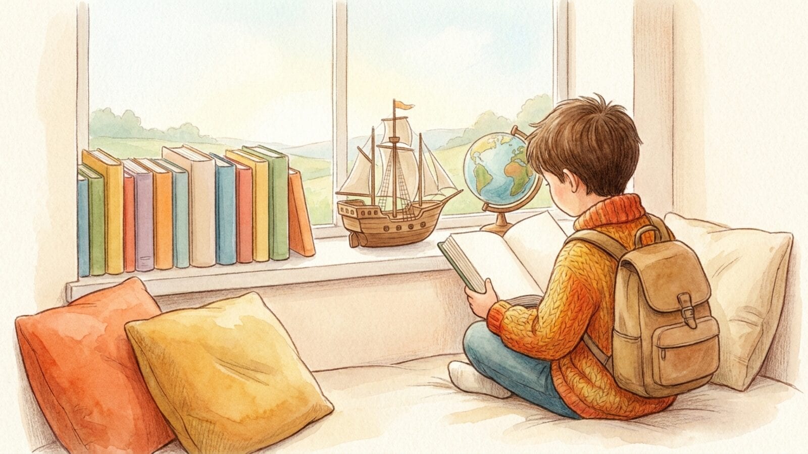 A child in an orange sweater reads a thick book in a sunny window seat beside a row of plain colorful books, a toy sailing ship and a globe.