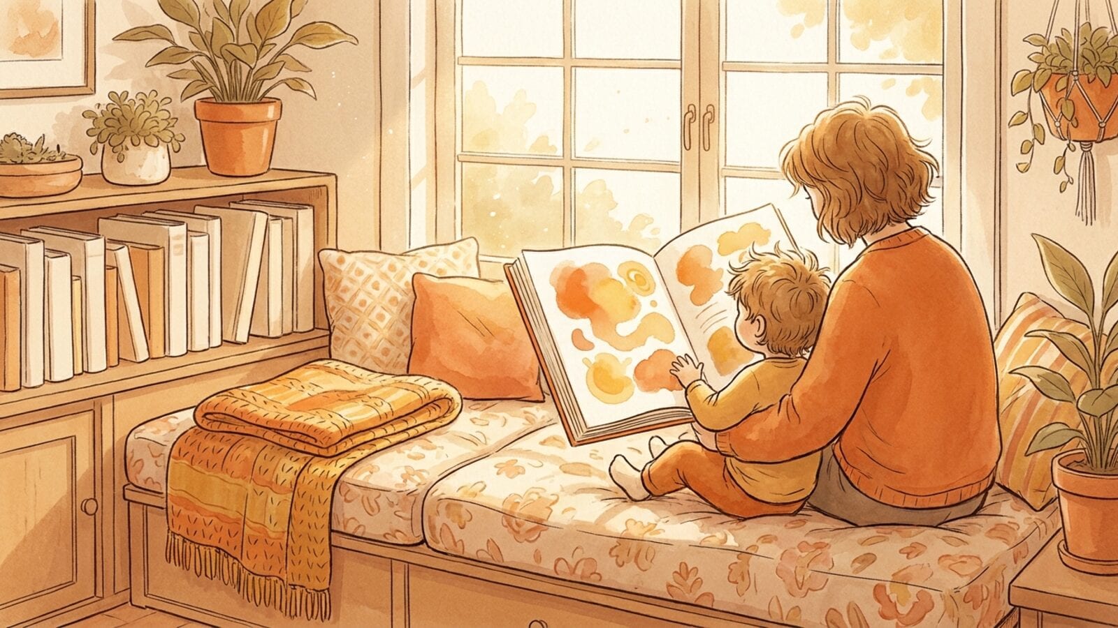 A parent and a young child on a window seat sharing one large open picture book in warm daylight.