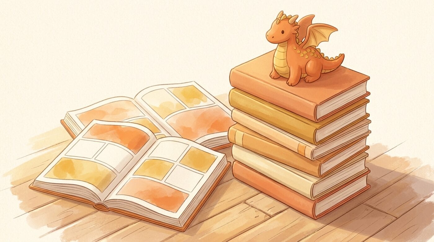 A tall stack of plain chunky novels with a small orange toy dragon on top, beside open comic books with colorful blank panels