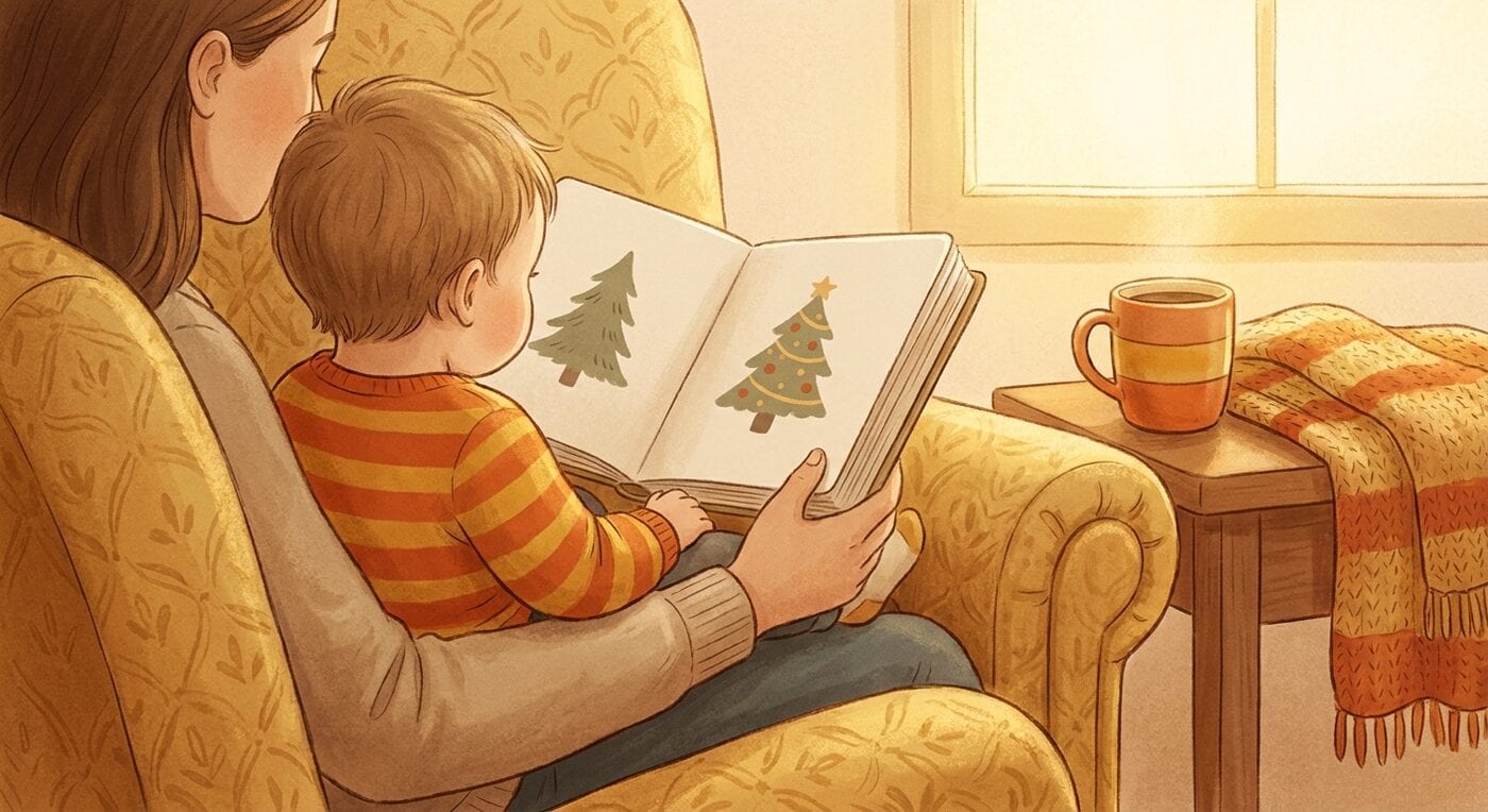 A parent's lap and a toddler seen from behind in a yellow armchair, looking at a board book with two pine trees, a mug and a striped blanket beside them