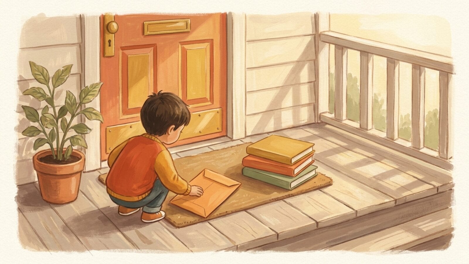 A child on a front porch picking up a mailer and a stack of picture books in morning light.