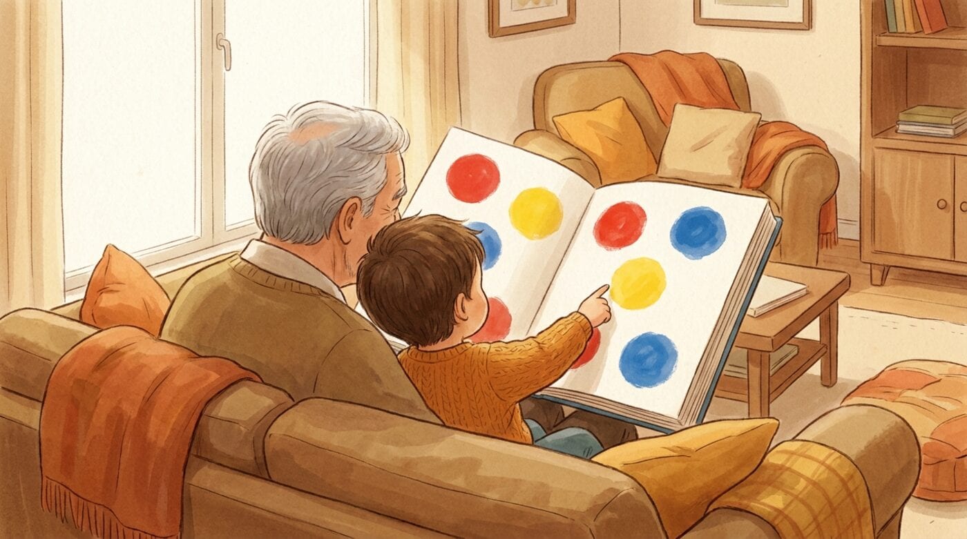 A grandparent and a three-year-old seen from behind on a sofa, the child pointing at red, yellow and blue circles in a large open picture book