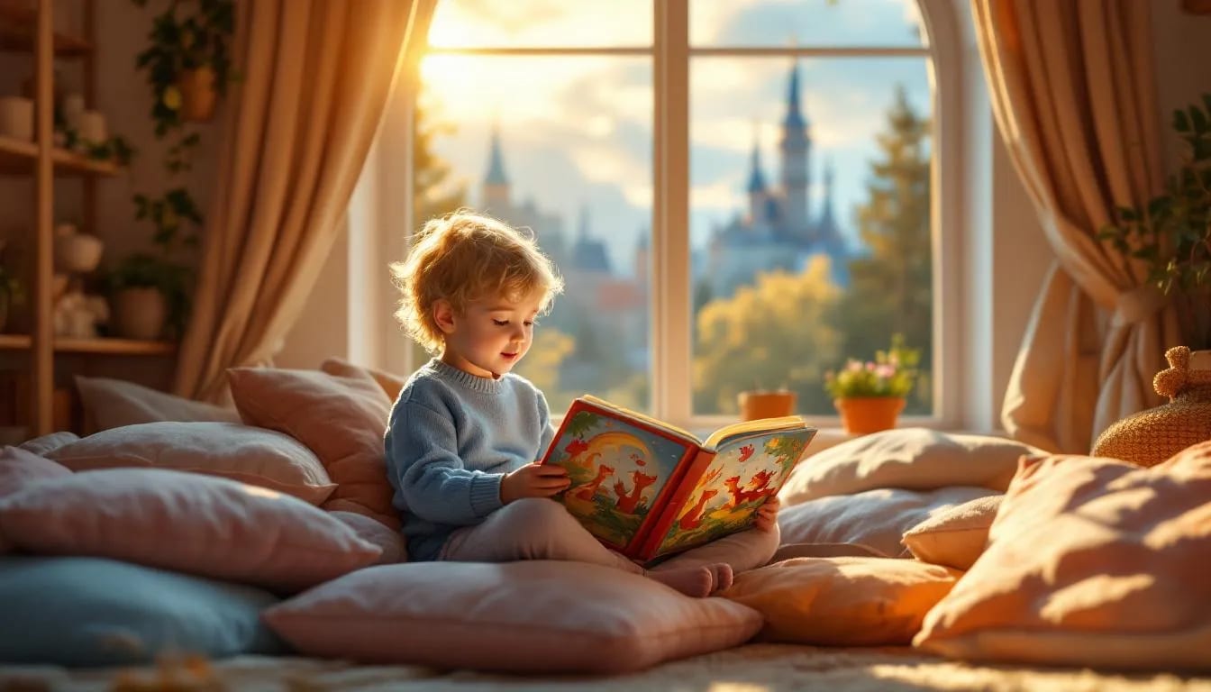 An adult looking back at a shelf of favorite childhood books