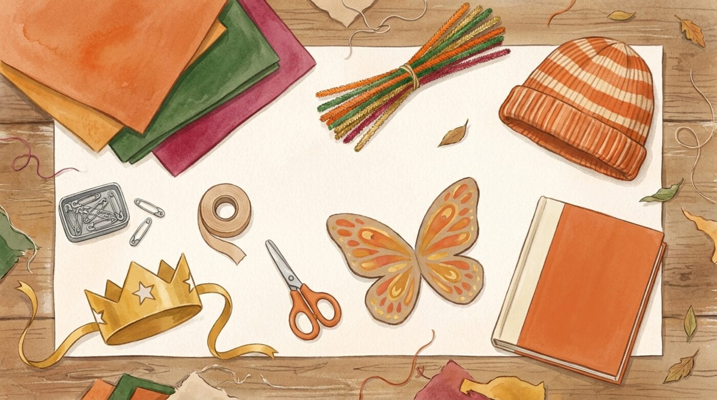 Flat lay of no-sew costume supplies on a wooden table: felt sheets, pipe cleaners, safety pins, fabric tape, scissors, a paper crown, cardboard butterfly wings, a striped knit hat and a picture book