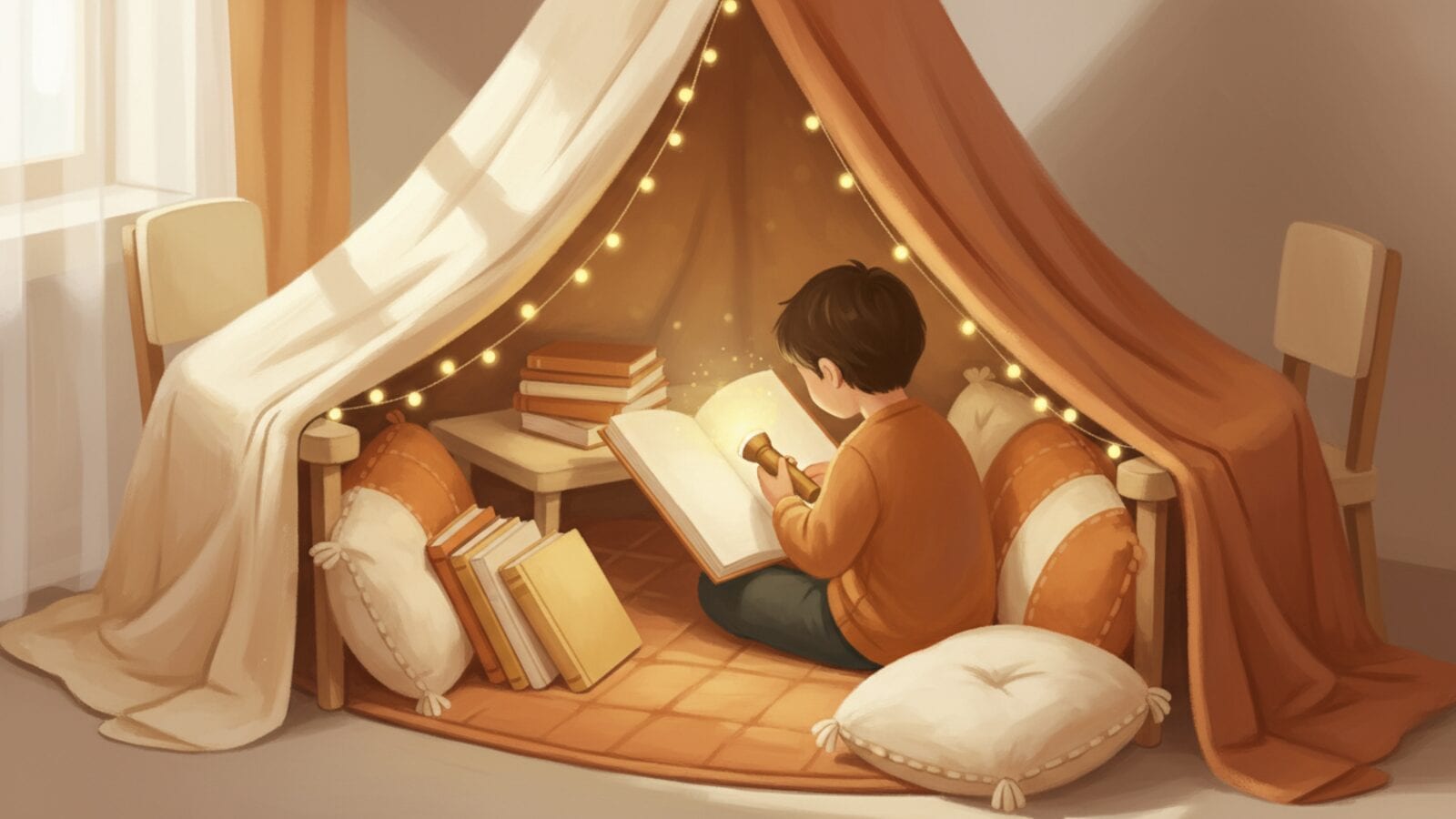 A child seen from behind reads a big open book by flashlight inside a blanket fort of cream and orange drapes, with fairy lights, cushions and stacks of plain books.