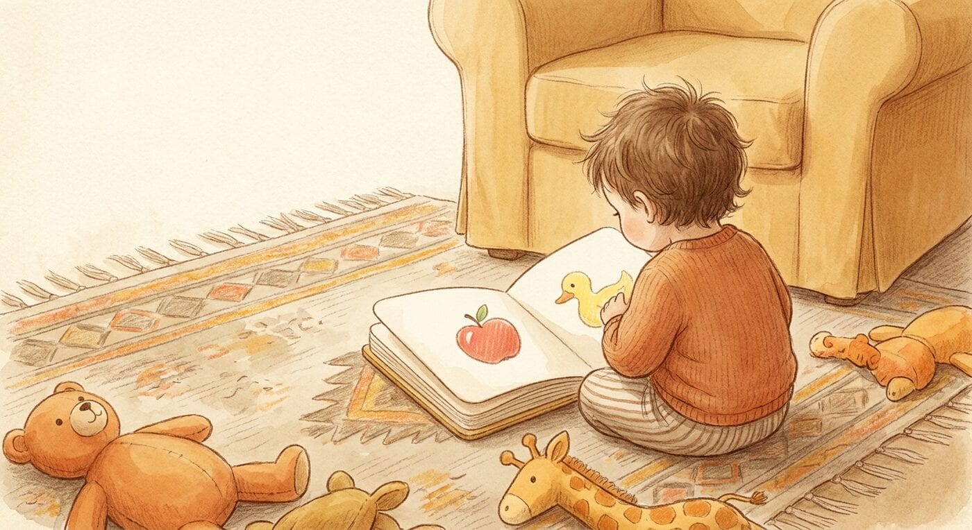 A toddler seen from behind sitting on a patterned rug, turning the pages of a chunky board book with a red apple and a yellow duck, with plush toys around them.