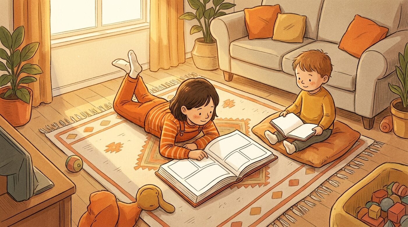 A child lying on a living-room rug reading a wide open book with blank comic panels, a younger sibling reading nearby