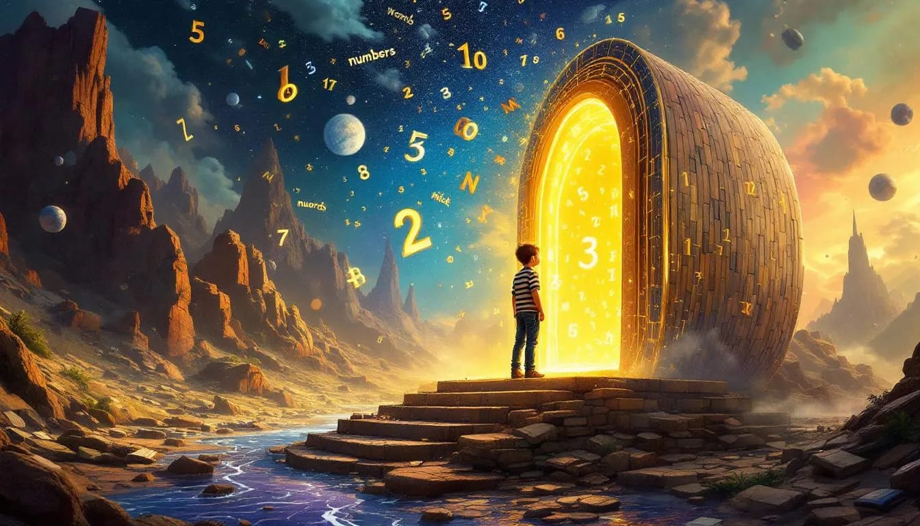 Milo driving through the Phantom Tollbooth into a land of words and numbers