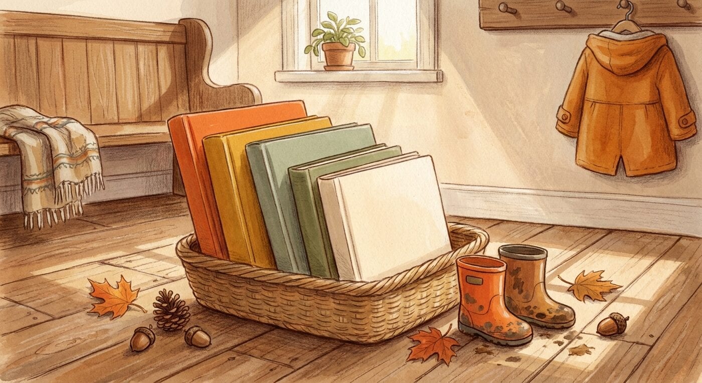 A woven basket of blank-covered picture books beside a front door, with rain boots, maple leaves and acorns on the floorboards