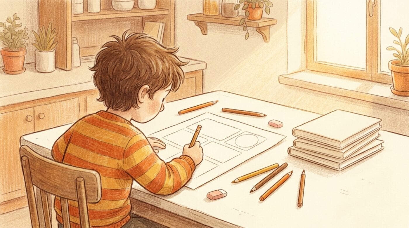 A child seen from behind at a kitchen table, drawing empty cartoon panels on a sheet of paper with colored pencils scattered around.
