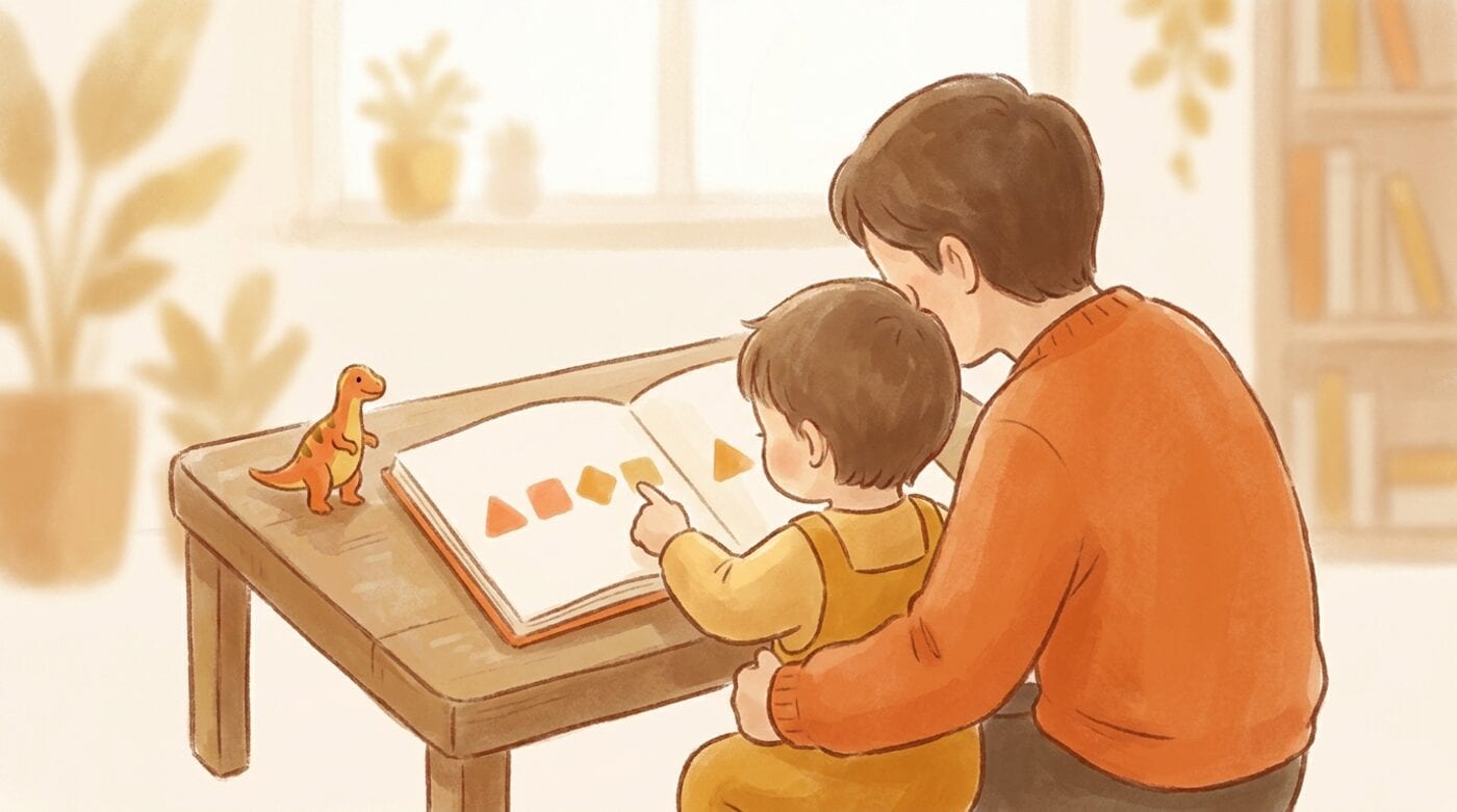 A parent sits close behind a young child at a wooden table while the child points to simple shapes in an open book, a small toy dinosaur nearby