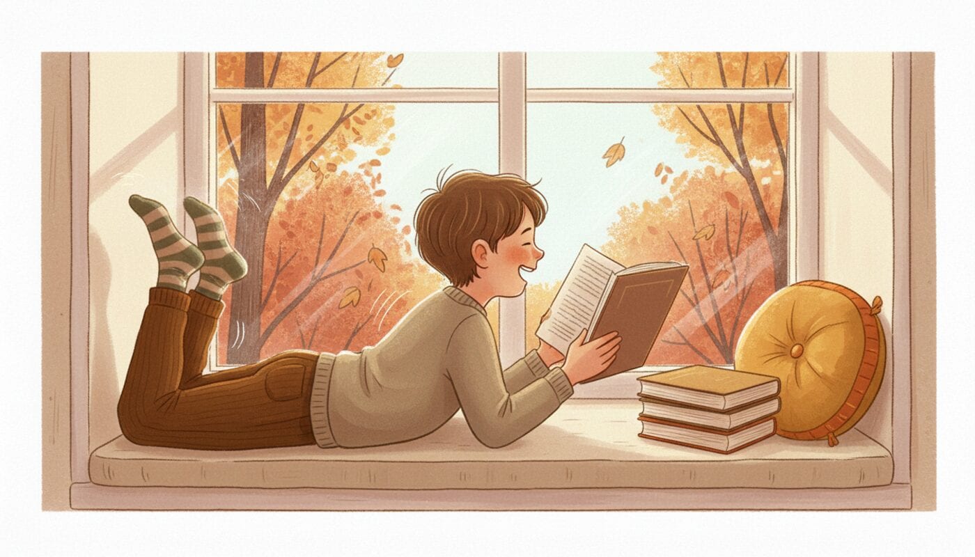 A child lies on a window seat with feet kicking in the air, laughing at a plain brown book, next to a stack of books and a golden cushion with autumn trees outside