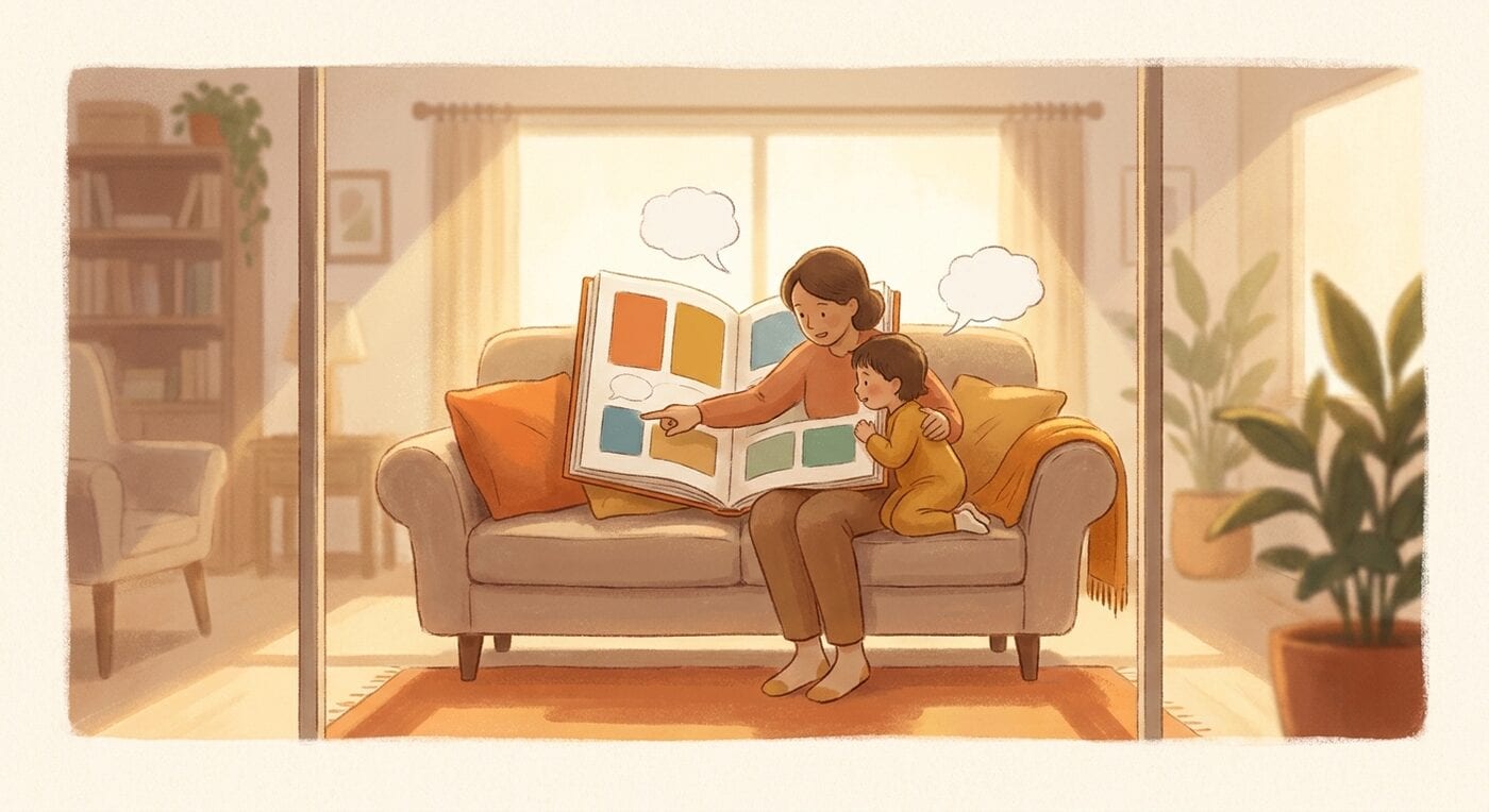 A parent and a young child on a couch, the parent pointing at one panel in a large open book of colorful comic panels