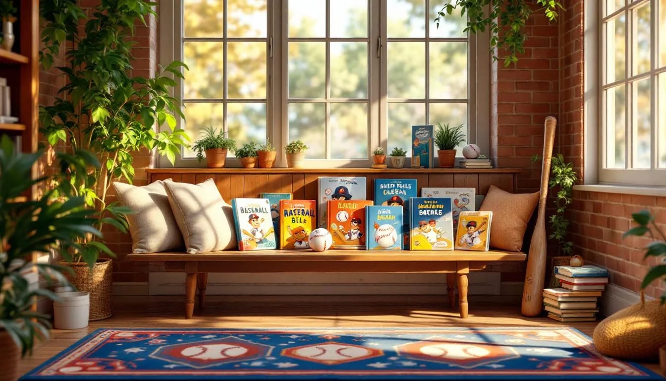 Sunny reading nook with picture books on a window bench and a baseball bat