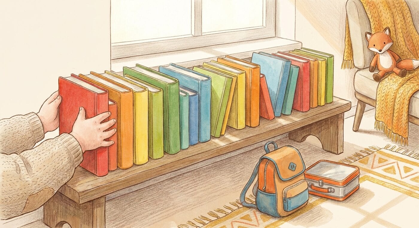 A child's hands line up a long row of colorful books with blank spines on a low wooden shelf, with a backpack and a lunchbox on the rug nearby