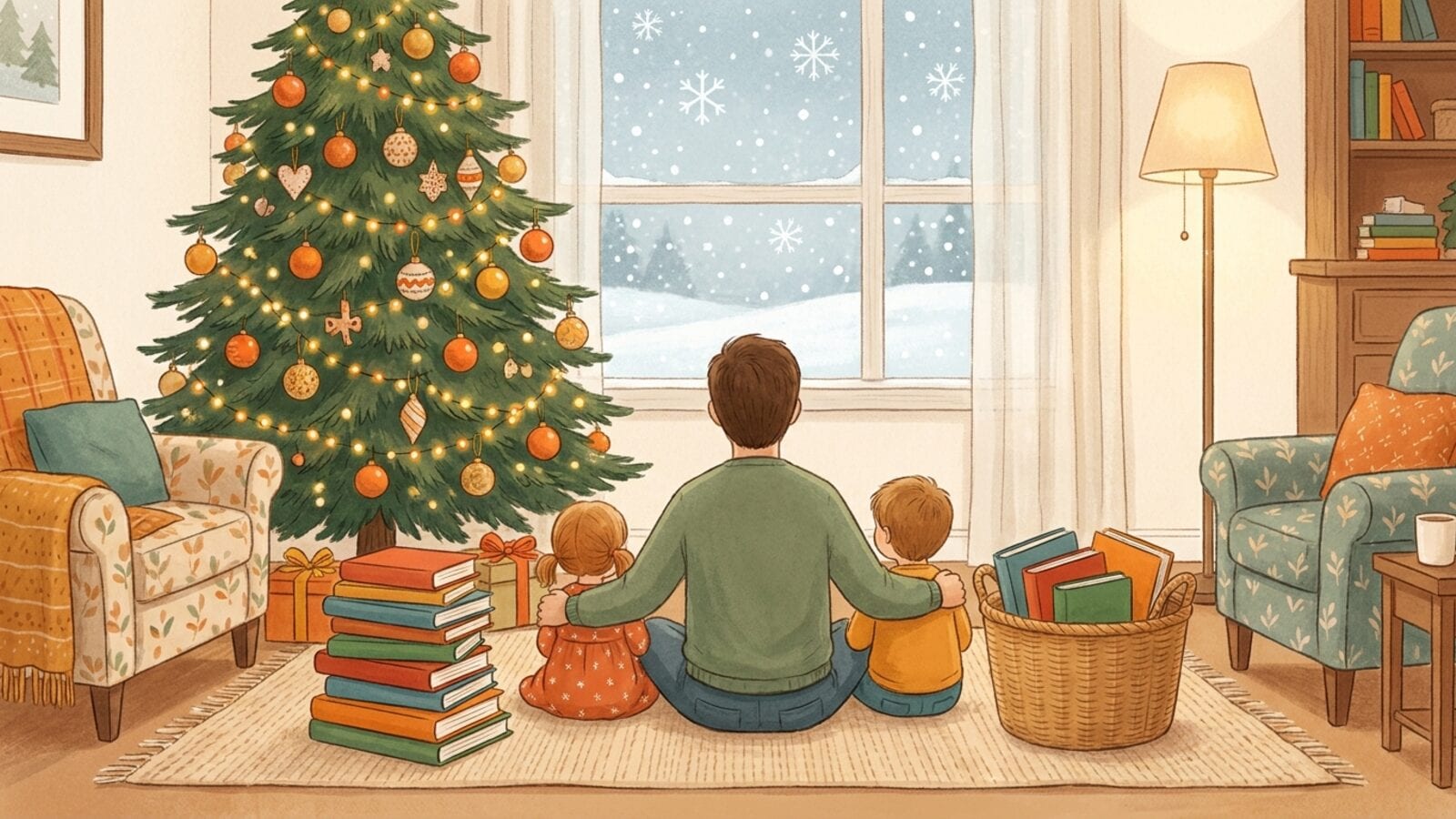 A parent and two small children seen from behind sit on a rug by a lit Christmas tree, with a stack of books and a basket of books beside them.