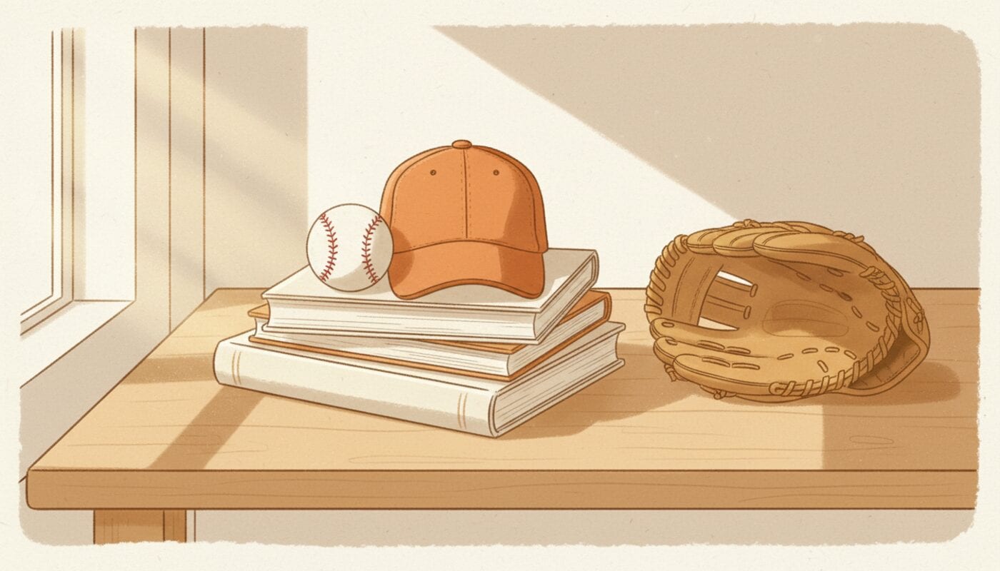 A stack of plain books on a wooden table with a baseball and an orange cap on top and a leather glove beside it, in soft window light.