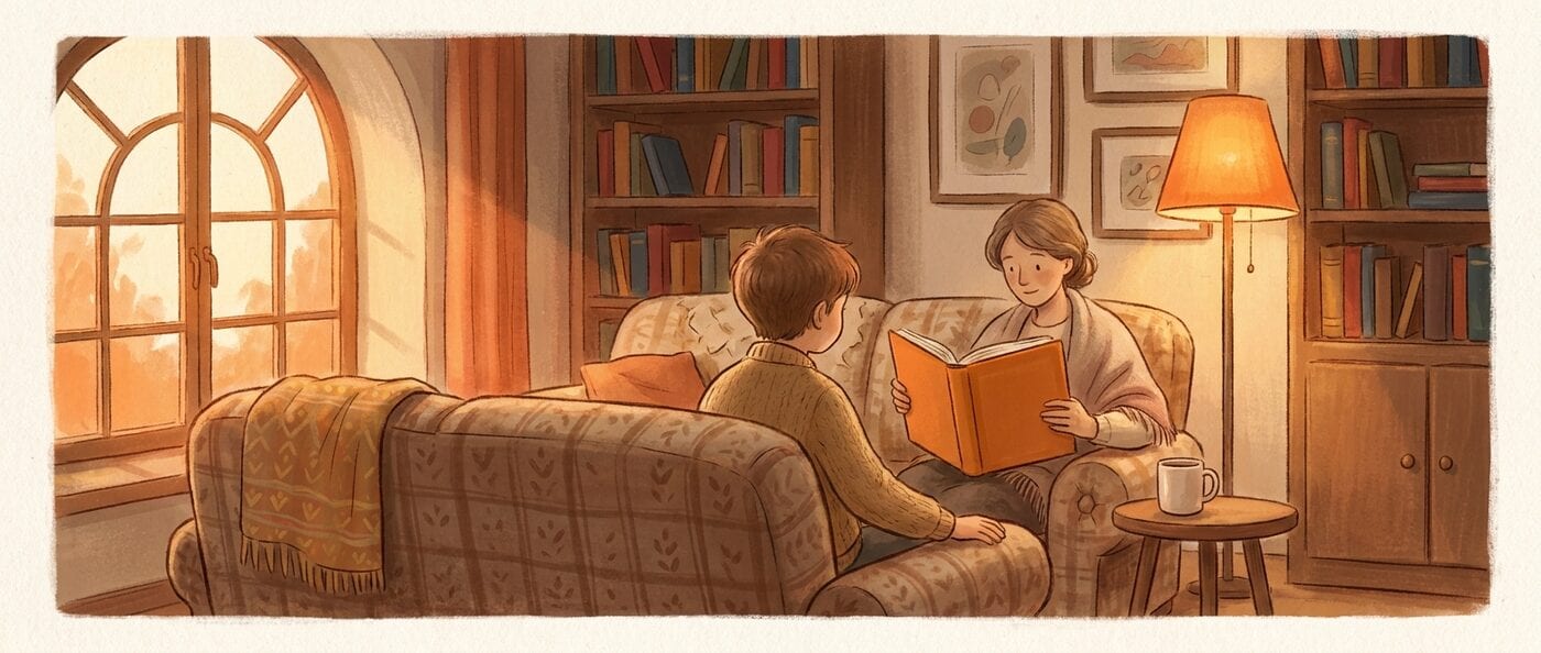 A parent reading a thick orange book aloud while a child listens from the couch in warm lamp light