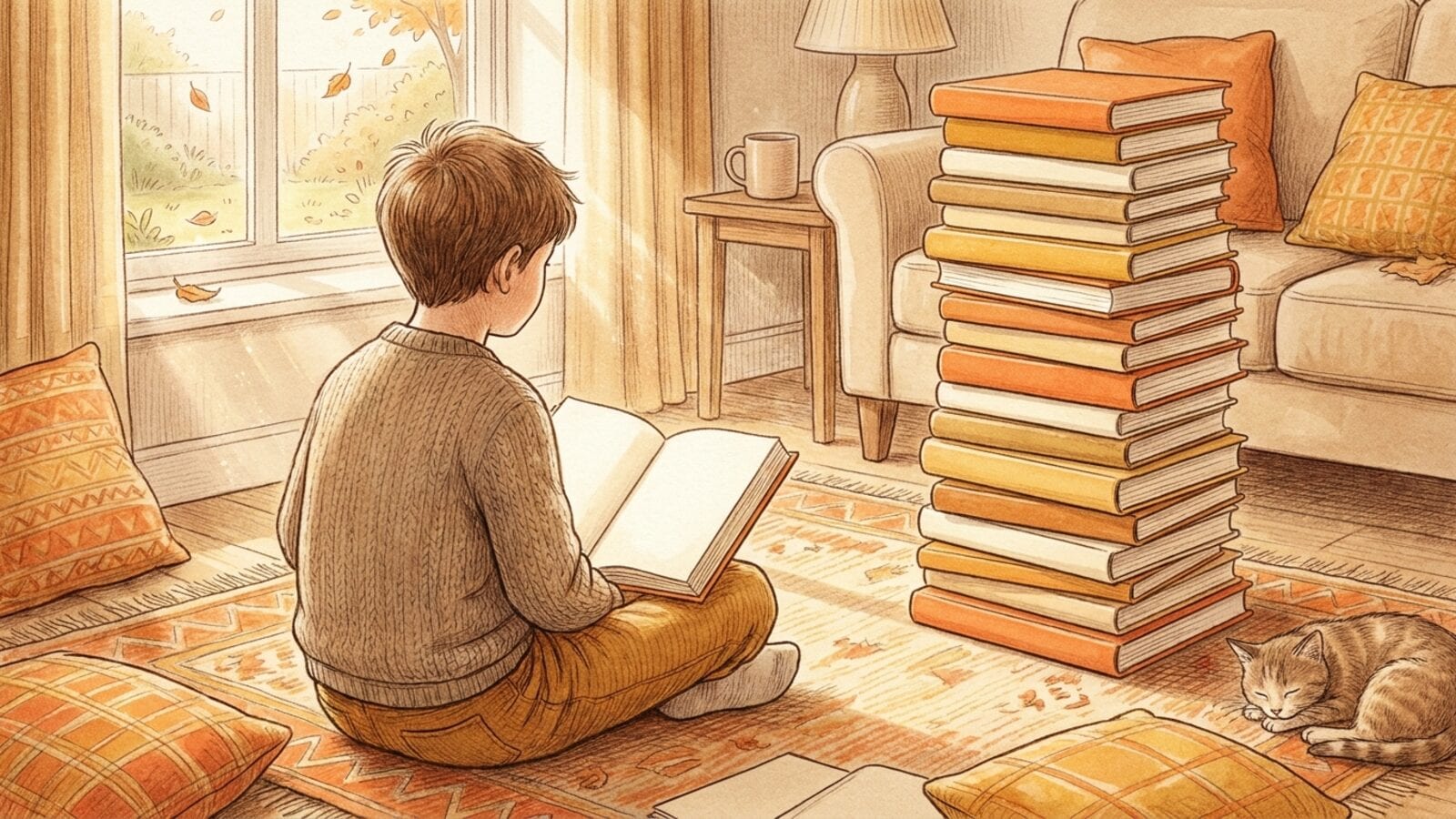 A boy sitting cross-legged on a rug with an open book on his lap and a stack of chapter books beside him.
