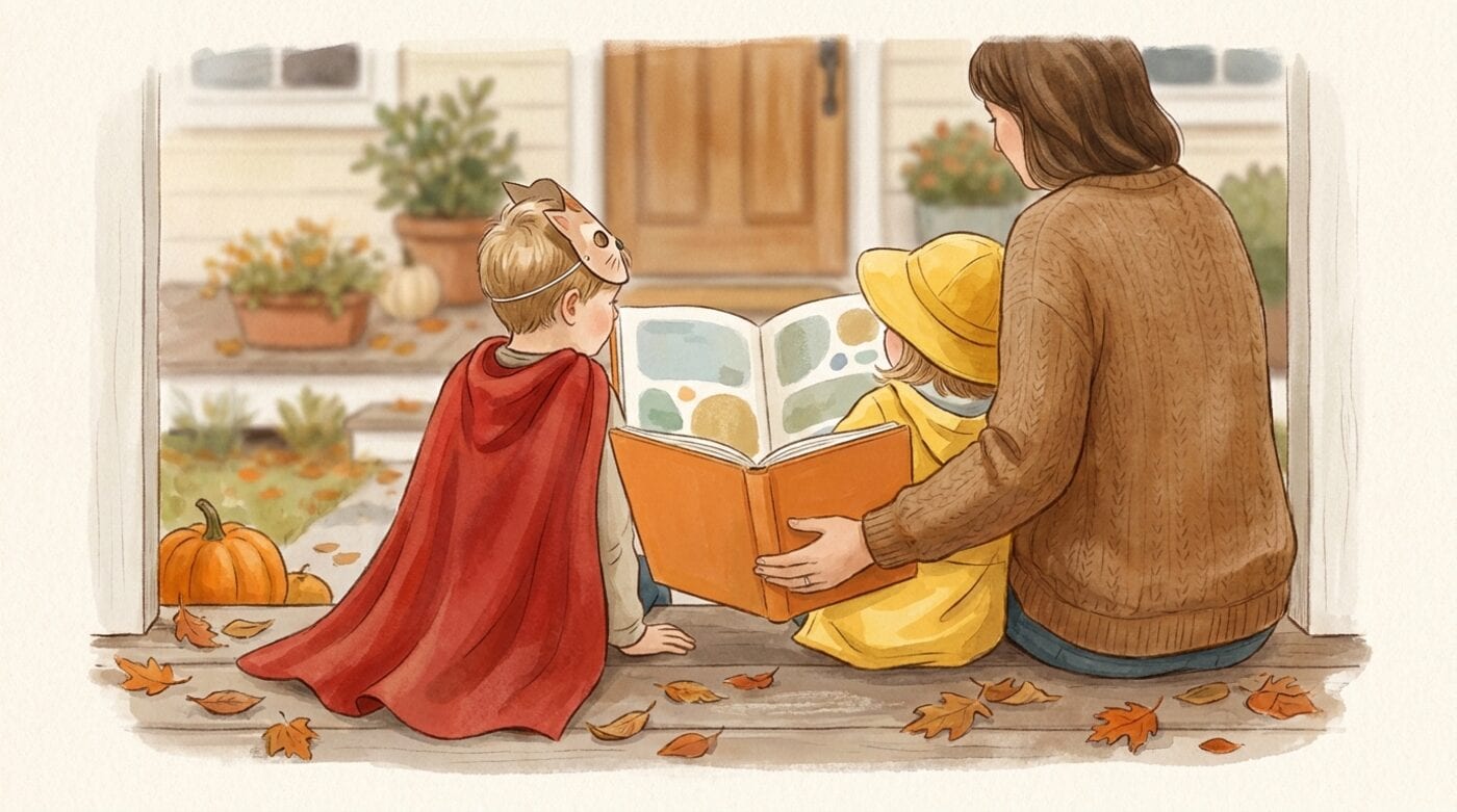 A parent and two young siblings in homemade costumes, a red cape and a yellow raincoat with a wide yellow hat, sitting on autumn front steps reading an open picture book together