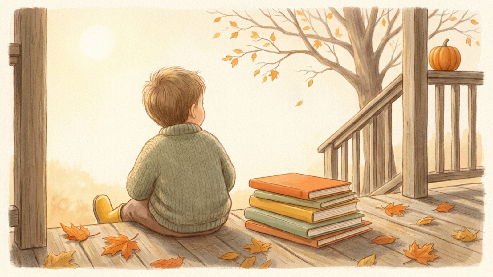 A child in a knit sweater sits on wooden porch steps beside a stack of books, with orange maple leaves scattered around.