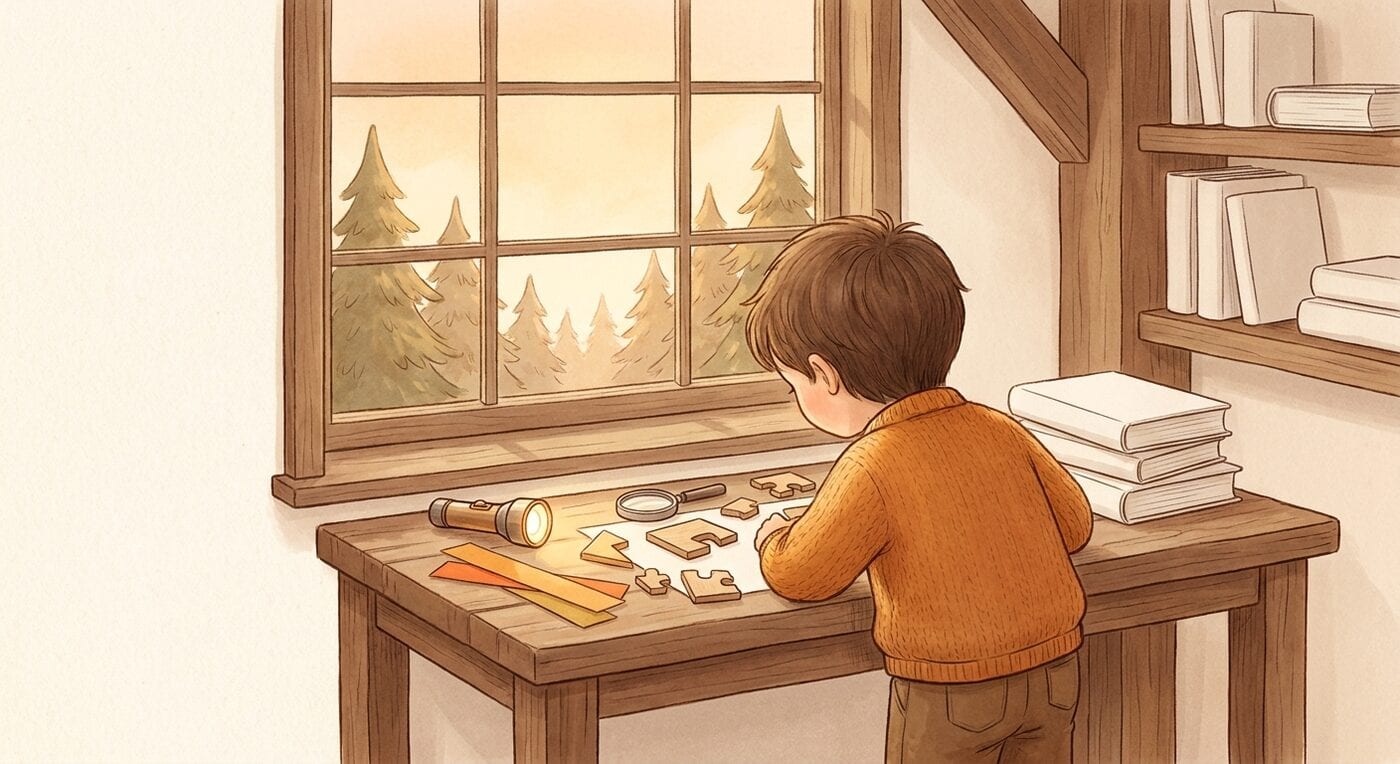 A child at a wooden desk by a window with pine trees outside, working on a puzzle with a magnifying glass and a flashlight