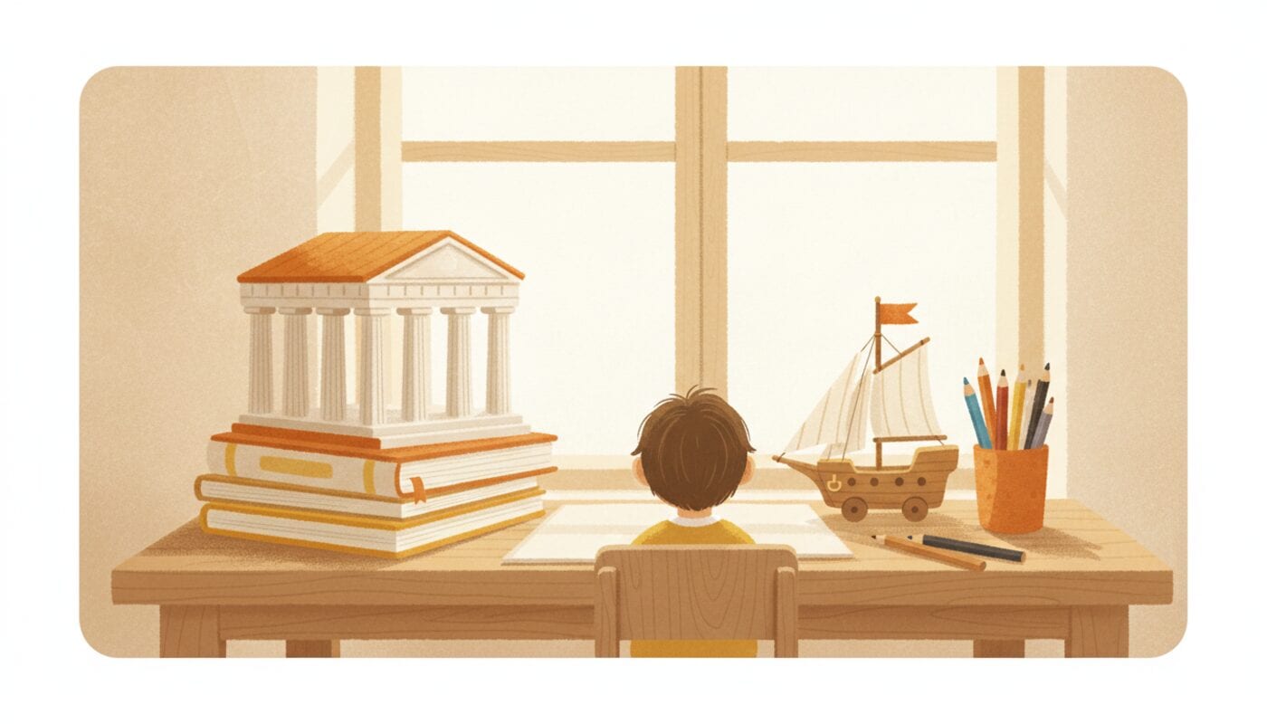 A child seen from behind at a sunny desk with a toy Greek temple on a stack of plain books, a toy sailing ship and a cup of colored pencils