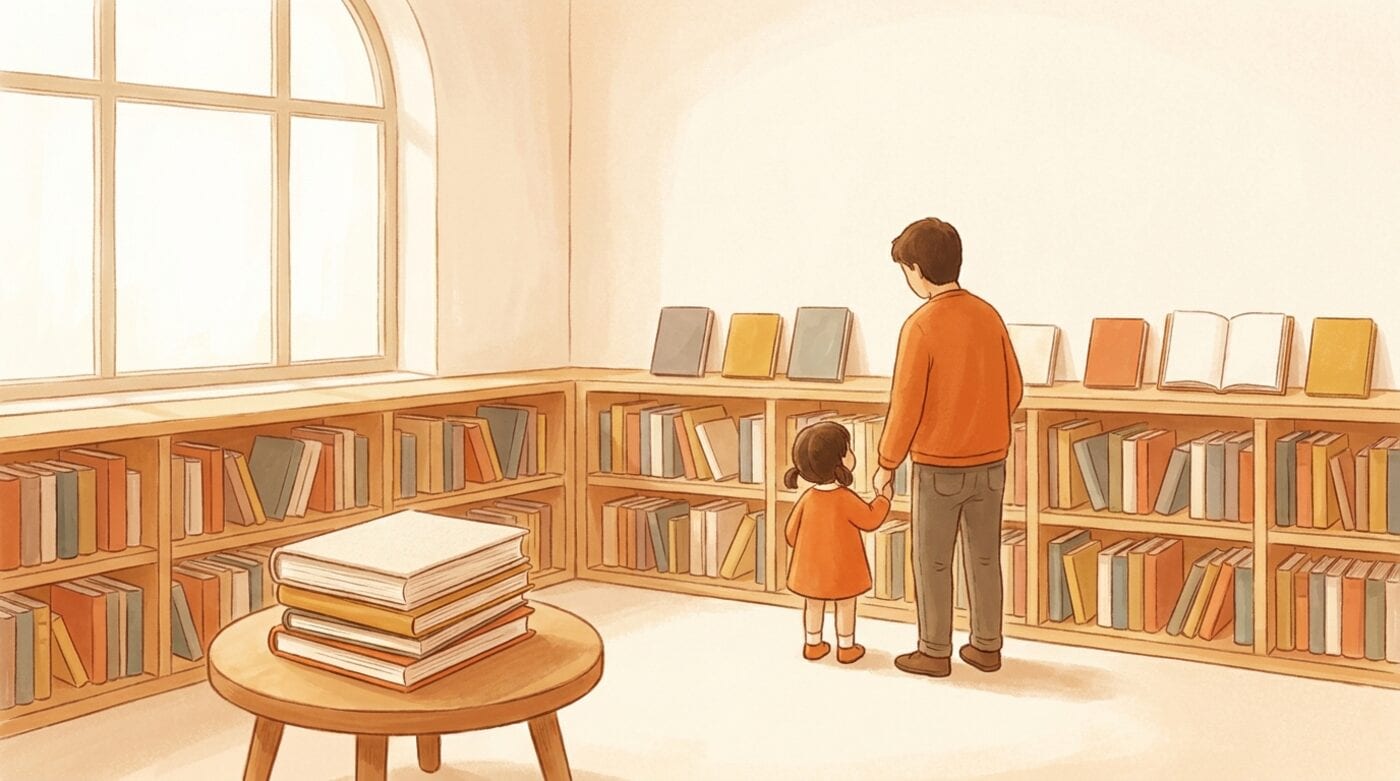 A parent and a young child hold hands in a sunny library children's corner, looking at low shelves of picture books